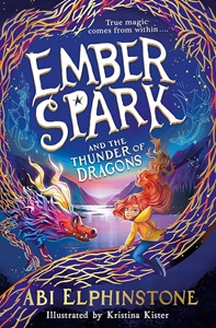 Book cover for EMBER SPARK AND THE THUNDER OF DRAGONS: title in white on blue and purple illustration of a girl riding on a long, snakelike dragon above a lake